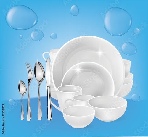 Realistic stack of plates and cutlery. Clean dishes, dishwasher safe. Clean, washed plates, forks, spoon, dishes vector illustration. Porcelain dishes, detailed closeup in bubbles of detergent