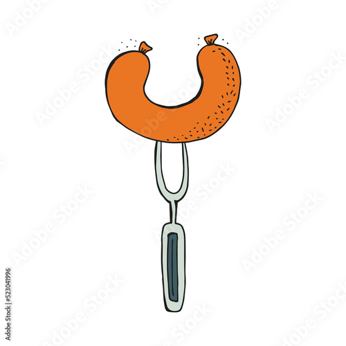Oktoberfest 2022 - Beer Festival. Hand-drawn Doodle bavarian sausage on a fork on a white background. German Traditional holiday.