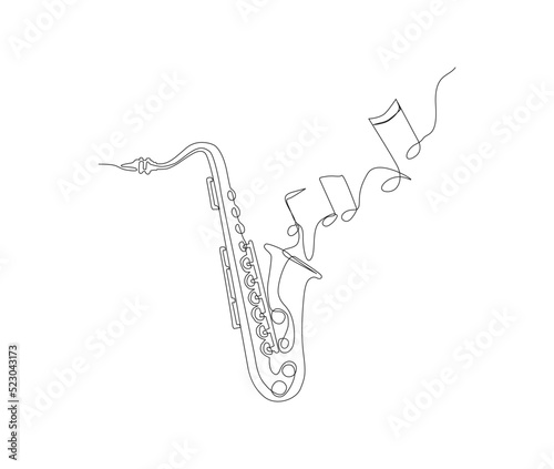 Saxophone continuous line vector illustration. Single line drawing of classical saxophone and music note. Hand drawn minimalism style.