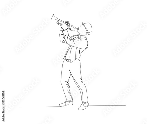 Continuous line art of man holding trumpet vector illustration. Single line drawing of trumpet. Hand drawn minimalism style.