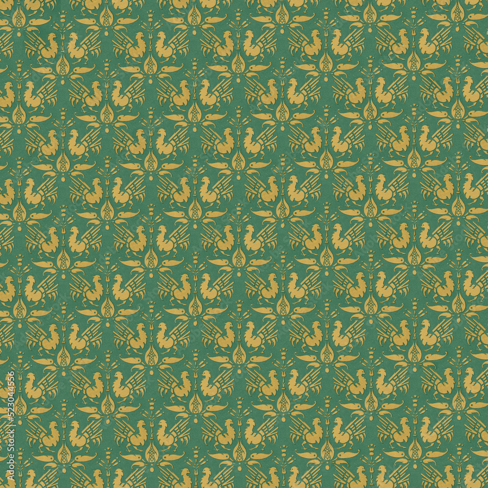 Gold and Turquoise Abstract Bird Repeated Tile Pattern