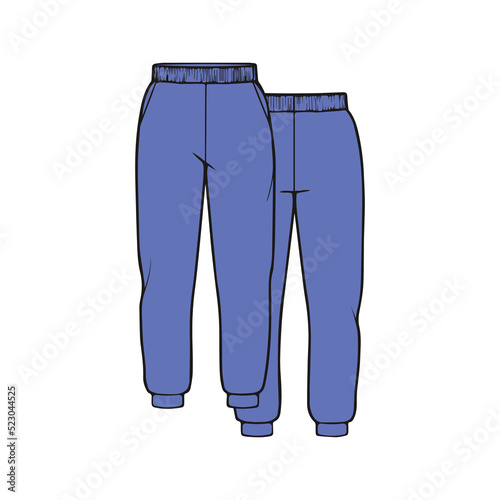 blue jeans isolated on white. fashion. pants on both sides. clothing vector illustration. design. blue sweatpants with laces. joggers, pants with pockets. icon. jeans. fashion