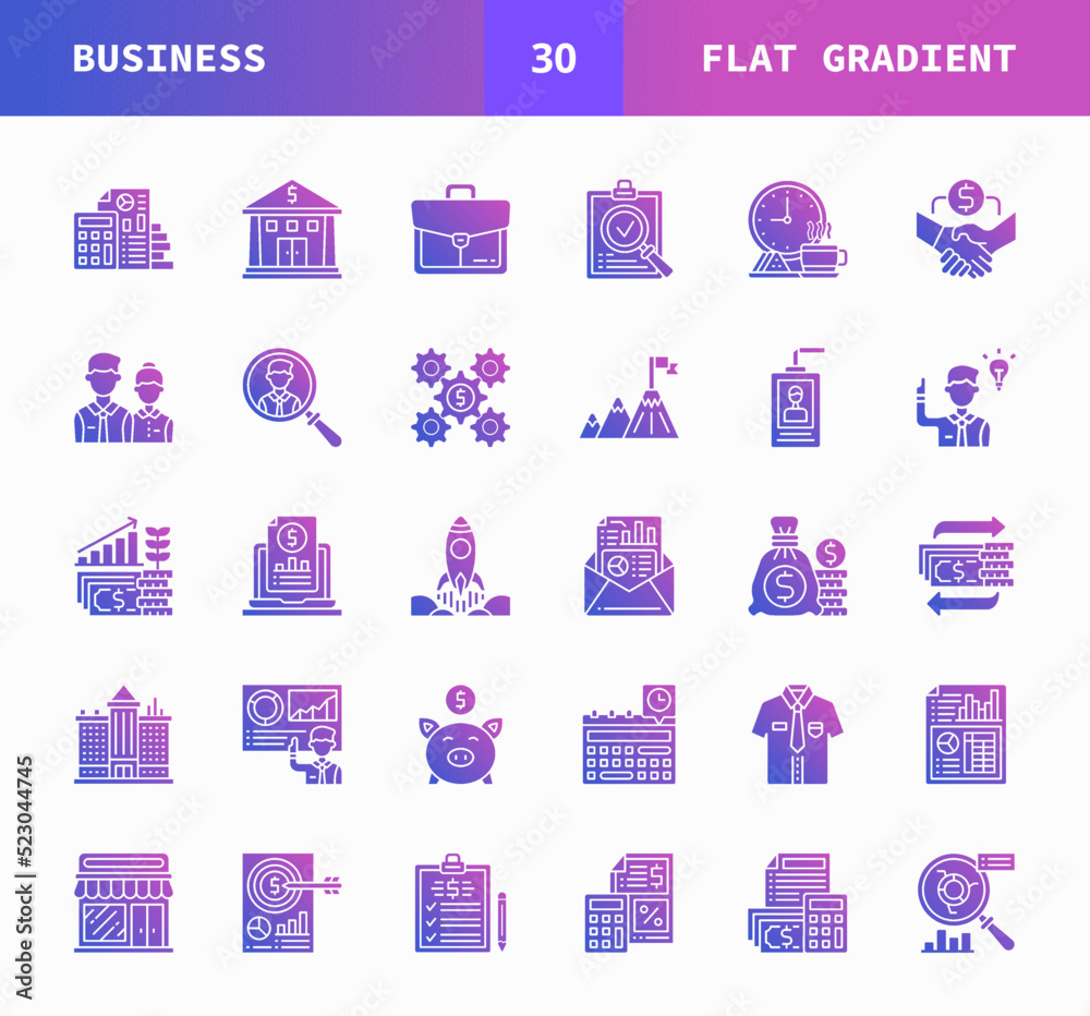 Business flat gradient style icons set. Consist of Icons as Analysis, Report, Recruitment, Checking, Deal, Investment and more. Perfect for website mobile app presentation and any other projects.