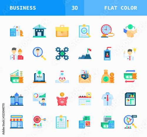 Business flat style icons set. Consist of Icons as Analysis, Report, Recruitment, Checking, Deal, Investment and more. Perfect for website mobile app presentation and any other projects.