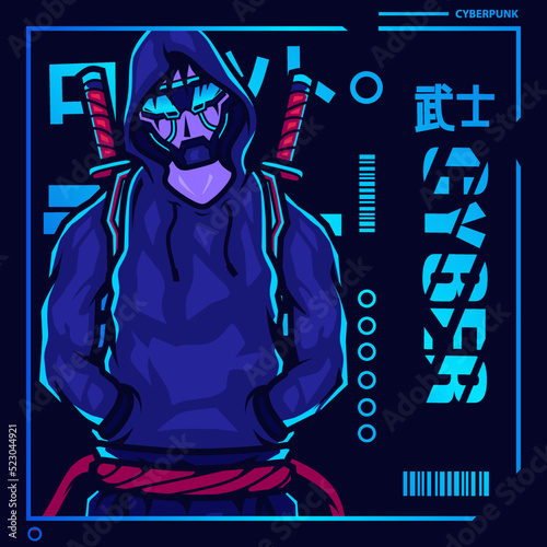 Samurai cyberpunk fiction character vector. Colorful t-shirt design illustration. Translation :"Robot Samurai Samurai"