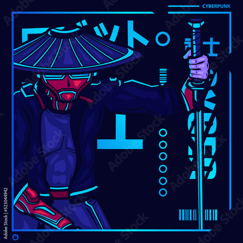 Samurai cyberpunk fiction character vector. Colorful t-shirt design illustration. Translation :"Robot Samurai Samurai"