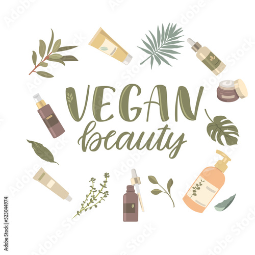Vegan beauty. Organic vegan cosmetic kit. Modern vector illustrations in a flat style, isolated on a white background. A set of cosmetics.