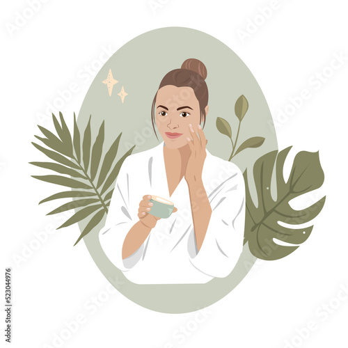 Organic vegan facial skincare essence. Woman applying moisturizing cream on face skin. Girl caring with moisturizer beauty product. Flat graphic vector illustration isolated on white background.