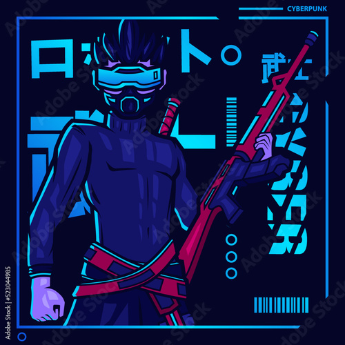 Samurai cyberpunk fiction character vector. Colorful t-shirt design illustration. Translation :"Robot Samurai Samurai"