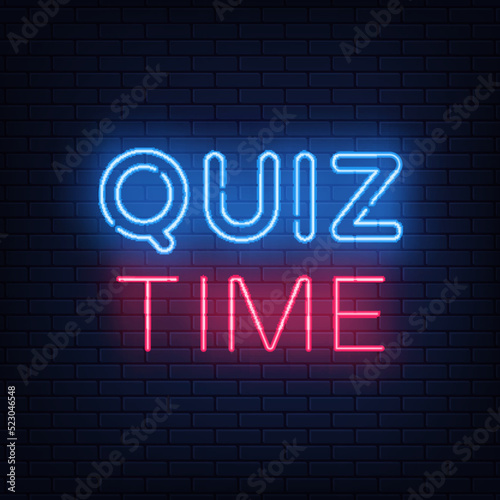 Quiz time neon light on dark blue wall background. Light banner, glowing letters, shining billboard.
