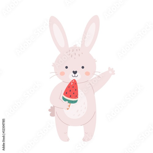 Cute white bunny with watermelon ice cream waving hand. Hello summer, summer vacation, summertime. Hand drawn vector illustration