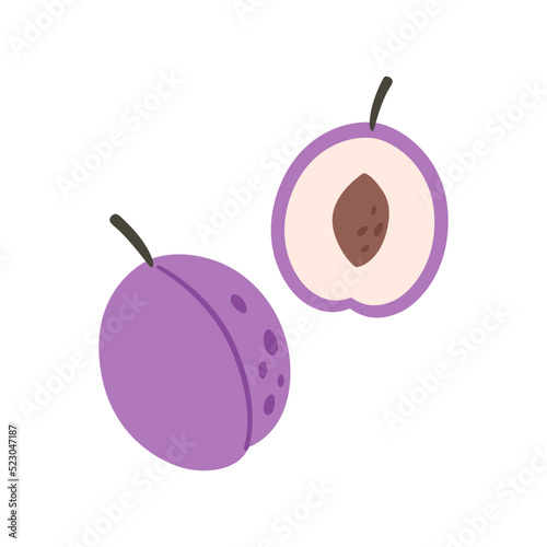 Fresh plum with plum half. Summer fruit. Farming, harvesting. Healthy and organic food. Vector illustration in flat style