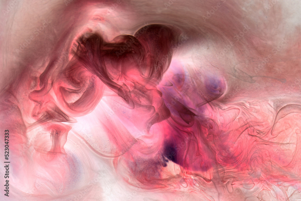 Multicolored pink smoke abstract background, acrylic paint underwater explosion