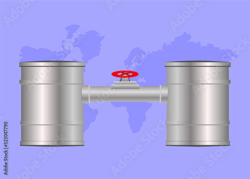 Import and export of gas, oil and fuel, barrels, pipe with valve vector, Gas tap with pipeline system at natural gas station, embargoes and sanctions, rising fuel and gasoline prices, pipeline transit