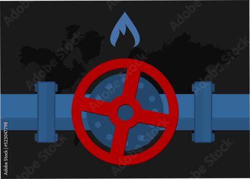 Import and export of gas, oil and fuel, barrels, pipe with valve vector, Gas tap with pipeline system at natural gas station, embargoes and sanctions, rising fuel and gasoline prices, pipeline transit