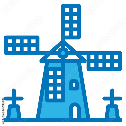 Kinderdijk netherlands landmark windmill farm - blue icon