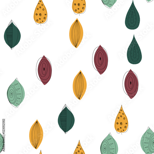 Fall leaf vector illustration. Seamless pattern. Hand drawn colorful design. Isolated graphic symbols. Autumn art sign. Nature abstract concept. Organic line elements