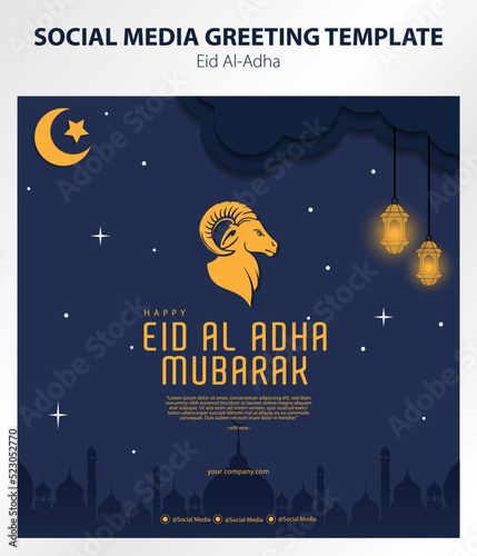 Illustration vector graphic of Eid al Adha with sheep logo for illustration and night background. good for social media greeting content, background of the celebration of Eid al-Adha event, etc.