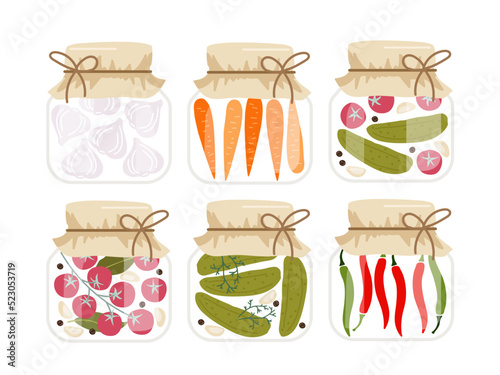Canned food. Pickled vegetables in glass jars hand drawn doodle isolated. Flat vector Food template for menu, sticker, logo, detox diet concept, farmers market. Vegetables with spices in jars.