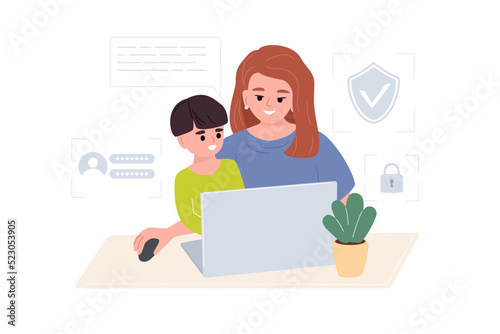 Mom teaches child cyber security on the Internet. Cyber defense tips for kids. Safe internet concept. A young woman sits with a child at a laptop. Vector illustration.