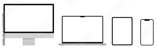 Computer, Laptop, Smartphone, Tablet realistic vector. Device screen mockup set. Realistic devices - smartphone, computer, laptop, tablet isolated on white background