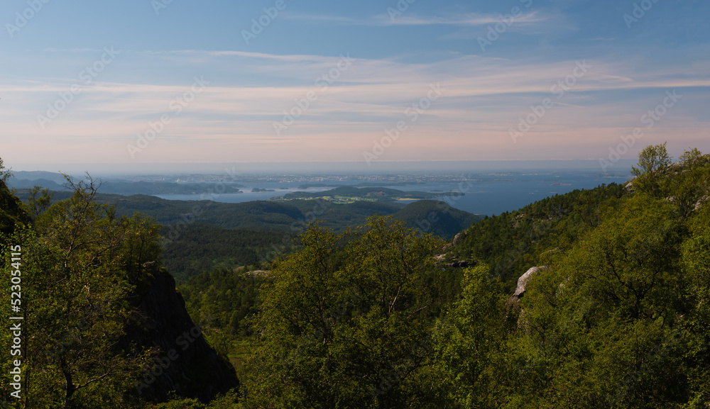 Panoramic view on Stavanger and the Norwegian west coast from the trail to Preikestolen, Stavanger, Norway