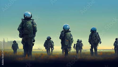 Blue helmet soldiers wander through a field