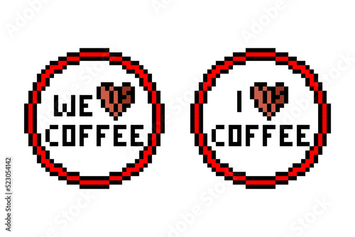 Retro 80's-90's style pixel art coffee bean heart and 8 bit font text 