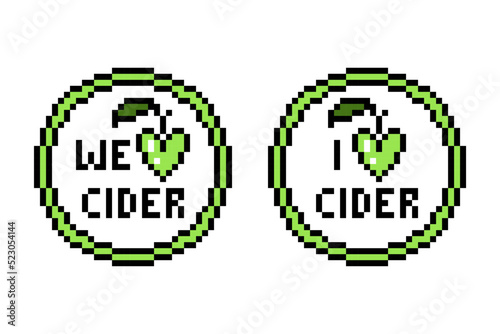 Retro 80's-90's style pixel art apple heart and 8 bit font text "I love cider", round sticker, badge, pin, t-shirt print design in 2 versions (for personal and team use) isolated on white background.