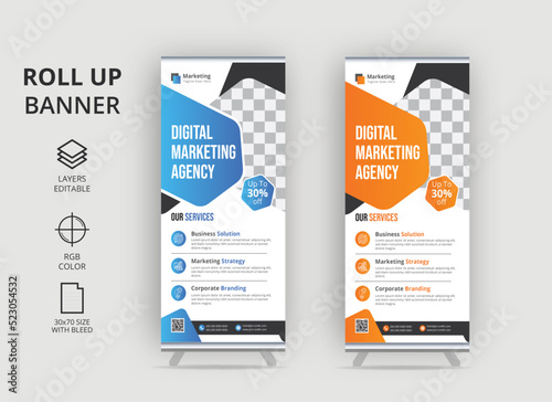 Corporate Business Roll Up Banner Standee Template with Creative Shapes, Blue, Yellow, Business DL Flyer Rack Card Template