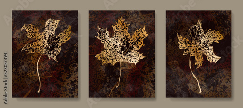 Abstract dark art background with dry autumn leaves in golden color. Botanical set of prints in a watercolor style for decoration, wallpapers, posters, interior design.