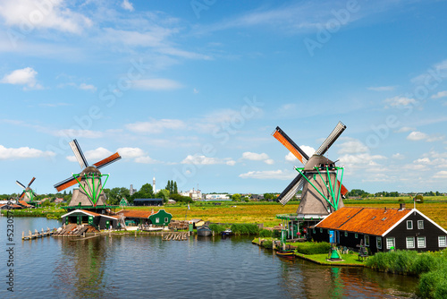 Panoramic view of windmills in Zaanse Schans, traditional village in Holland.