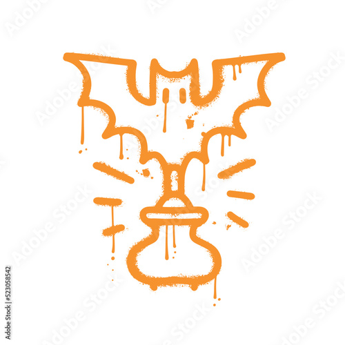 Bat holding Fairy pot with boiled love potion. Isolated Urban style graffiti sprayed with leak and splashes. Vector hand drawn textured illustration for halloween celebration.