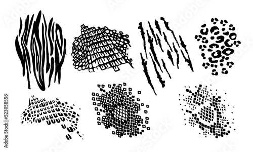 Animals Skins Patterns. Snake, Tiger, Crocodile, Panther, Zebra skin or fur texture design set. Hand drawn vector art illustration