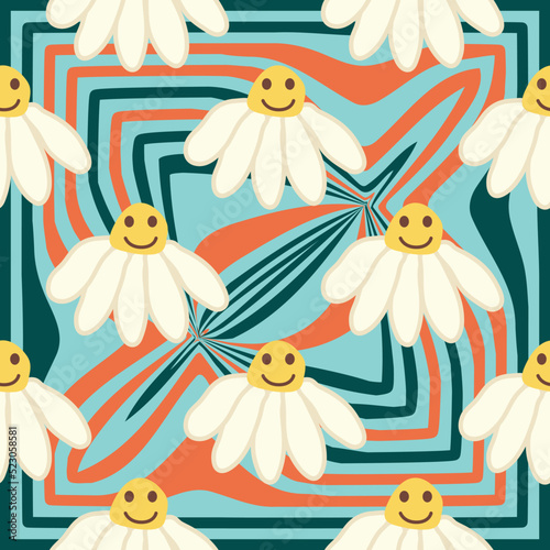 Retro Smile Chamomile Seamless Pattern on 1970 Wavy Swirl Seamless Pattern. Hippie Aesthetic.