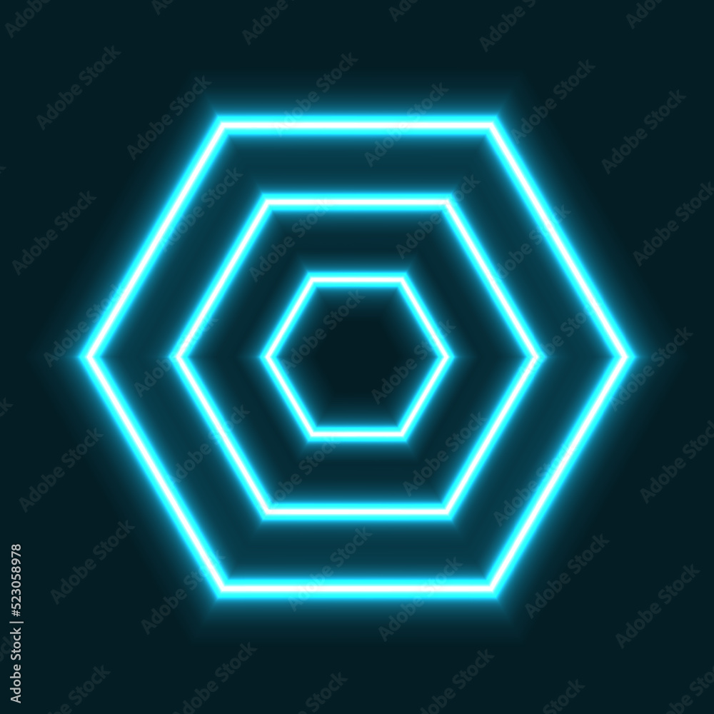Three hexagons, turquoise colored and with neon glow effect, on a black background. Horizontal polygons, with six sides each and with a typical honeycomb shape. Illustration. Three hexagons, turquoise colored and with neon glow effect, on a black background. Horizontal polygons, with six sides each and with a typical honeycomb shape. Illustration.