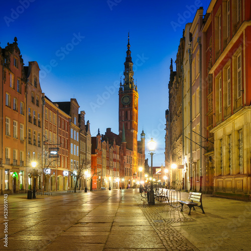 Beautiful old town in Gdansk with historical city hall at dawn, Poland.