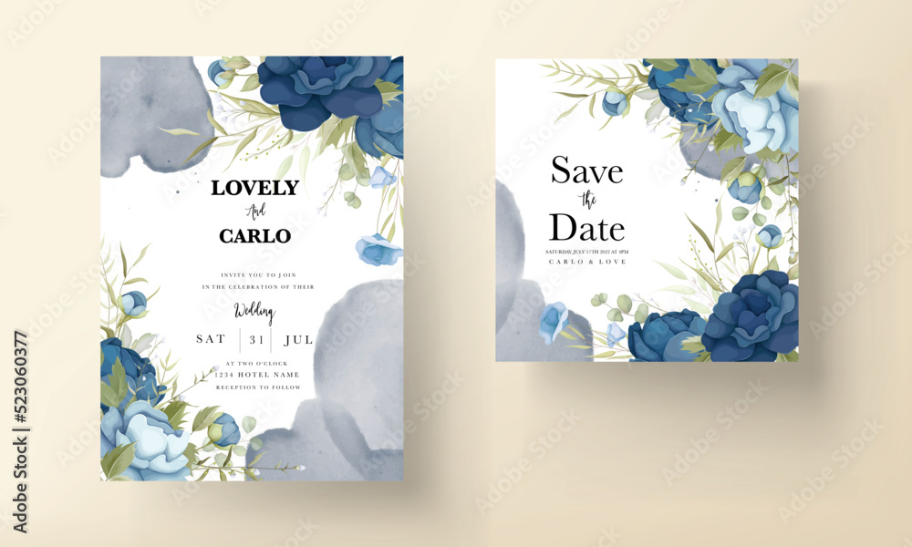 Hand drawn blue peony flowers wedding invitation