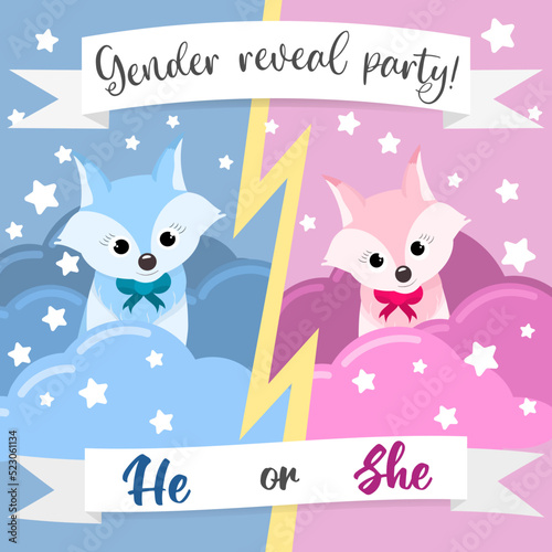 Gender reveal party invitation for girl or boy. Kind children's illustration with stars and clouds in pink and blue color. Flat illustration with cute little fox. Card in square format. Baby shower.