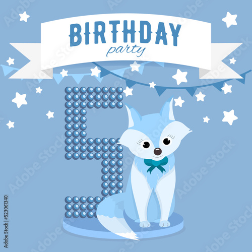 Birthday party invitation for the boy's fifth birthday with little fox, stars and flags. Children's 5 years party. Blue color pallete.  Square format. Flat illustration. 