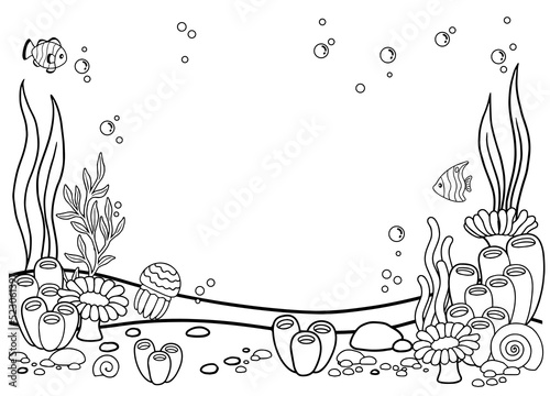 Coloring book page for adult. Underwater seabed with algae and corals, line art design and fish