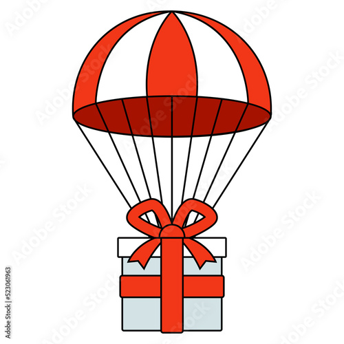 parachute with a gift descends to the ground. send a parcel by air. flat vector illustration.