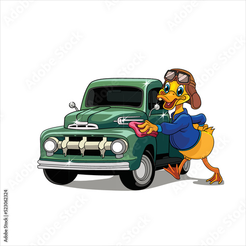 Duck cleaned the car vector illustration drawing || Car illustration || Duck illustration. 
