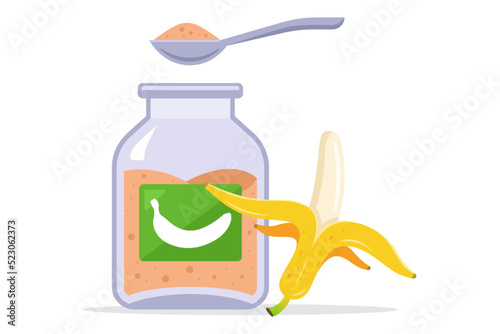 banana puree in a jar. food for children. flat vector illustration.