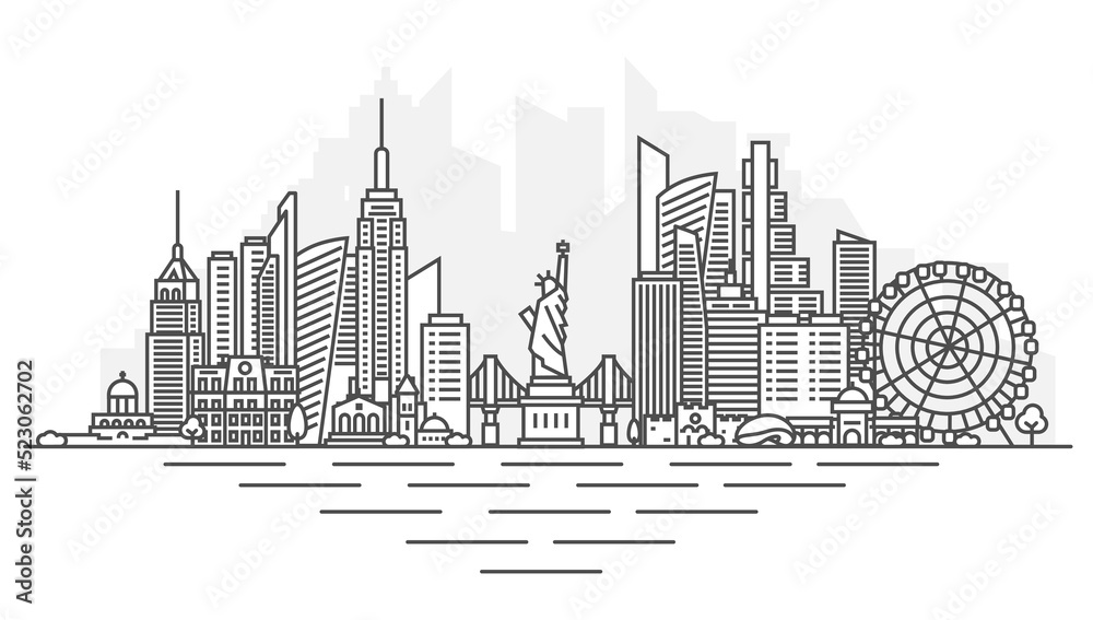 New York, USA architecture line skyline illustration. Linear vector cityscape with famous landmarks, city sights, design icons. Landscape with editable strokes.
