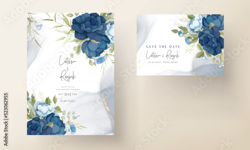 Blue floral wedding invitation card set