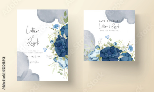 Blue floral wedding invitation card set