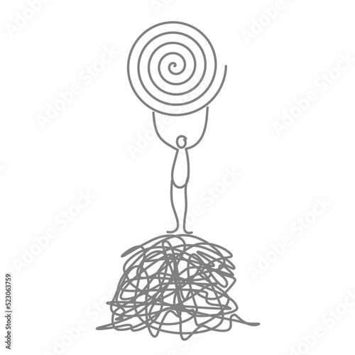  setting a clear target  a person standing on a messy heap and holding a perfect spiral.