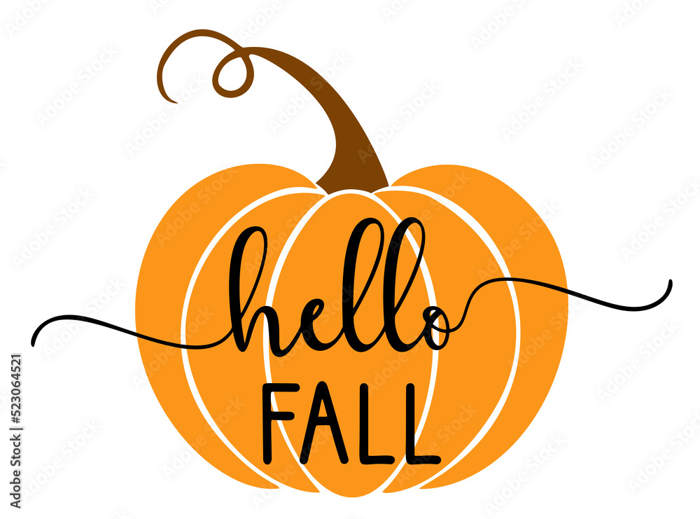 Vector autumn quote Hello Fall with autumn pumpkin isolated on white background.