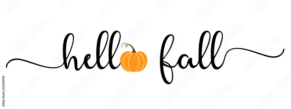 Vector autumn quote Hello Fall with autumn pumpkin isolated on white background.